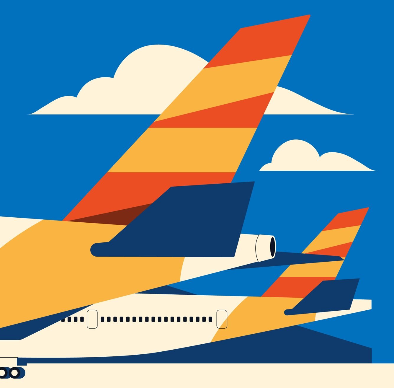 Illustrated aircraft tails in orange, yellow and navy against a blue sky