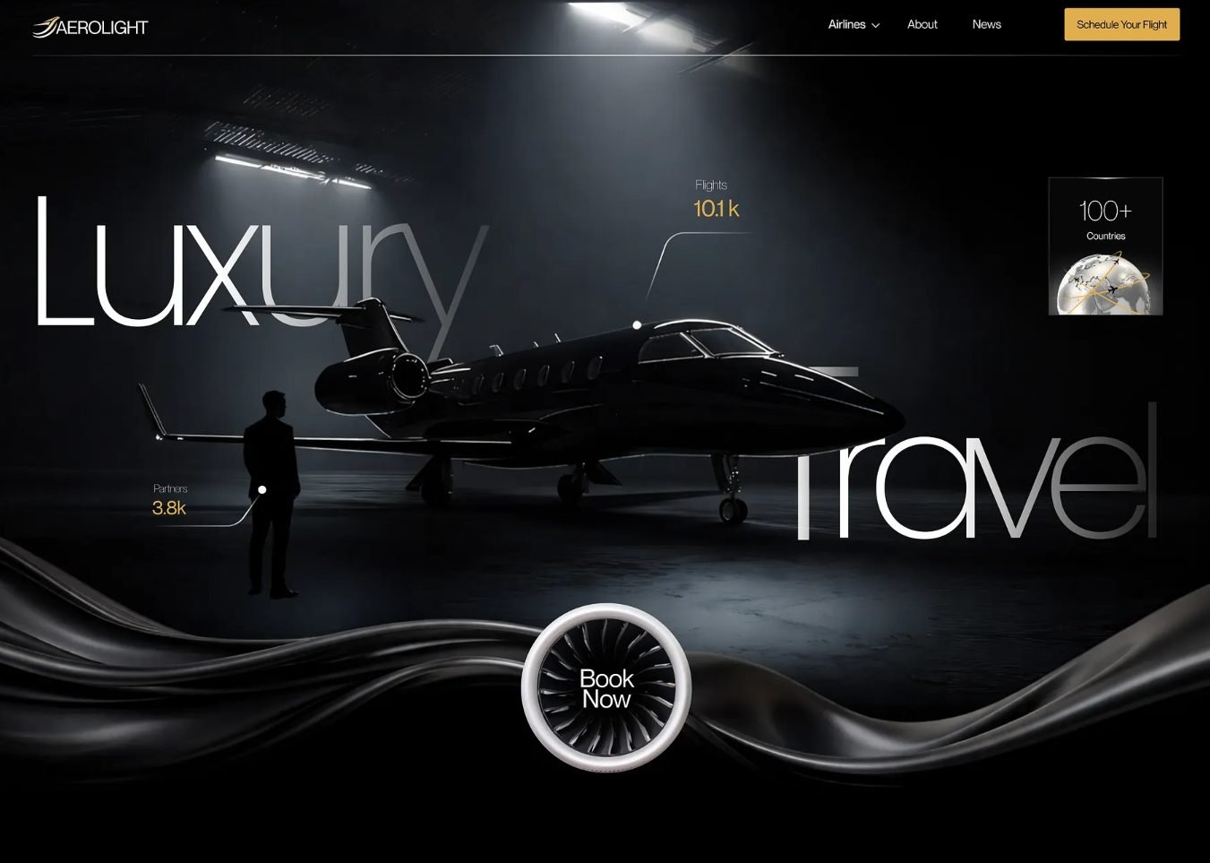 Aerolight “Luxury Travel” private-jet website concept in black with a business jet in a hangar