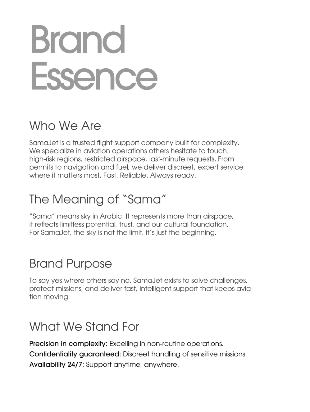Brand Essence page: who we are, the meaning of “Sama”, brand purpose and what we stand for