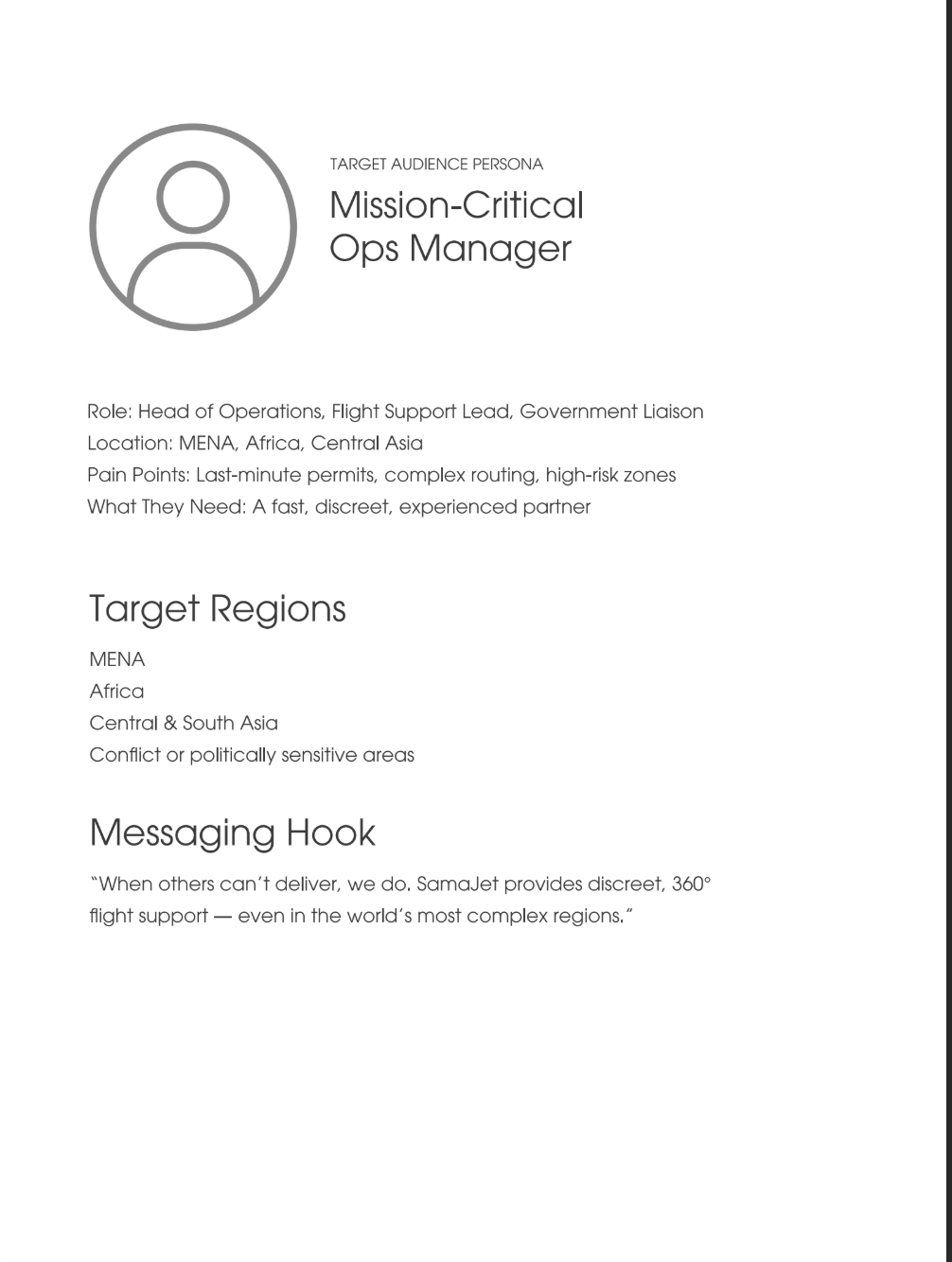 Target audience persona: Mission-Critical Ops Manager, target regions and messaging hook